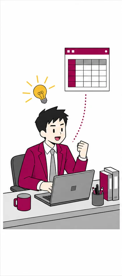 一人の社員が机で小さなデータベースを工夫して作っているイラスト