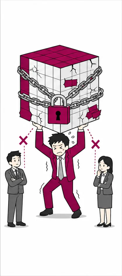 鎖と南京錠で縛られたブロックを一人だけが支え、他の社員は触れないイラスト
